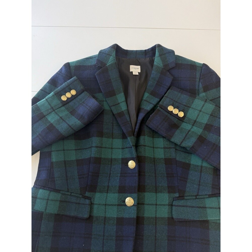 J.Crew Women’s Plaid Blazer Jacket Size 12 Wool Blend Green Tartan Gold Buttons - Picture 10 of 16